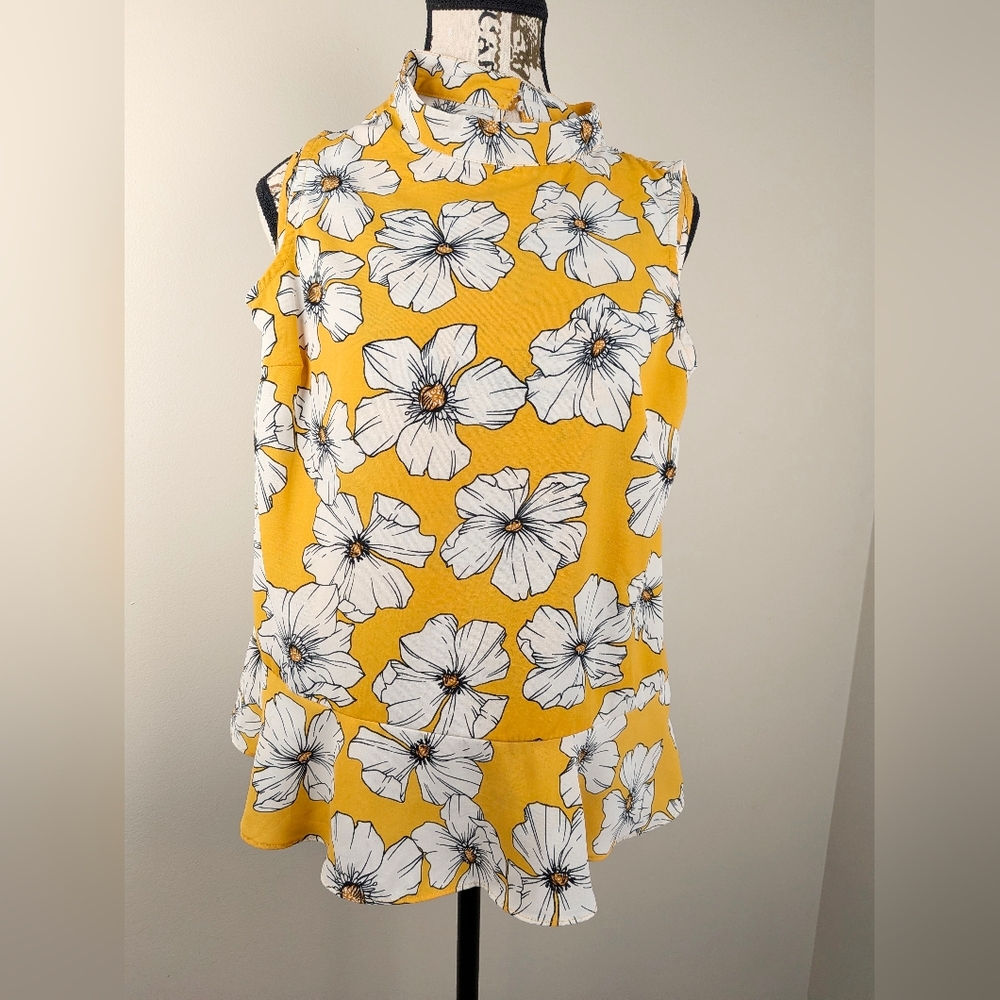 Sioni Women's Yellow Mustard Mock Neck Floral Sleeveless Top Peplum Hawaiian S